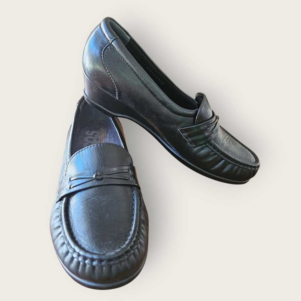 SAS Tripad Comfort Black Leather Loafers Women's Wedgeโ Heel Shoes